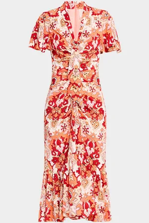 Cinq A Sept Peeta Ruched Damask Midi Dress