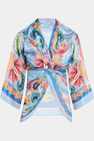 Etro Blue Summer Artwork Silk Wrap Cape