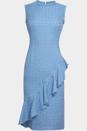 Santorelli Sleeveless Ruffle Tweed Midi Dress