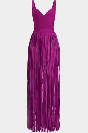 Hervé Léger Blanca Tiered Fringe Sleeveless Gown