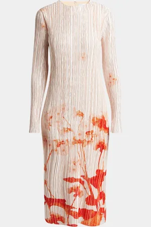 Erdem Floral-Print Plisse Silk Long-Sleeve Midi Dress