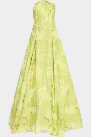 JOVANI Pleated Strapless Floral Jacquard Gown