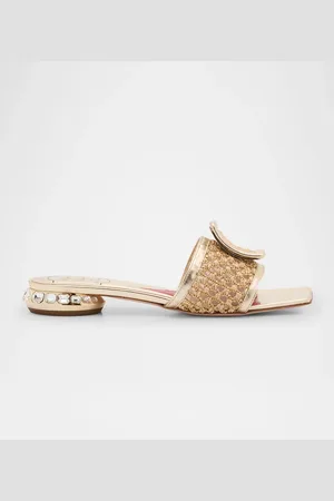 Roger Vivier Leather & Raffia Jewel Slide Mules