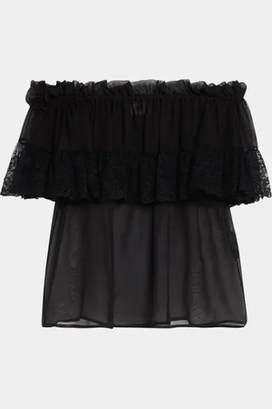 Saint Laurent Lace Ruffle Off-The-Shoulder Silk Blouse