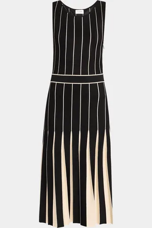 ST. JOHN Bi-Tonal Short Row Pleated Knit Dress
