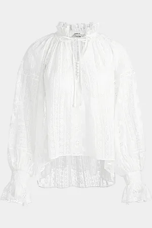 ALICE+OLIVIA Norah Eyelet Tie-Front Peasant Blouse