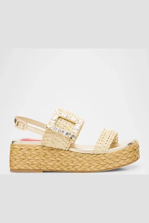 Roger Vivier Raffia Crystal Buckle Platform Sandals