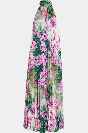 Emanuel Ungaro Pleated Floral-Print Halter Gown