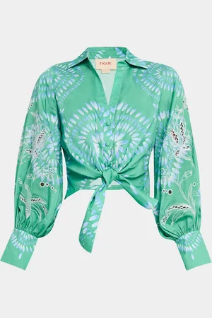 FIGUE Carole Embroidered Knotted Crop Button-Down Top