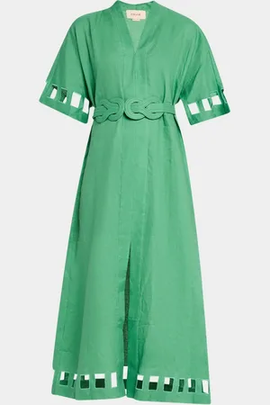 FIGUE Adalaide Short-Sleeve Belted Linen Midi Dress