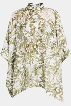 Brunello Cucinelli Herbarium-Print Silk Ponge Short-Sleeve Top With Monili Trim