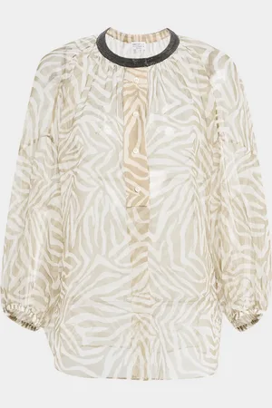 Brunello Cucinelli Monili-Collar Animalier-Print Organza Button-Front Top