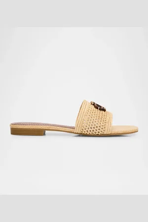 Simkhai Delphi Raffia Monogram Flat Slide Sandals