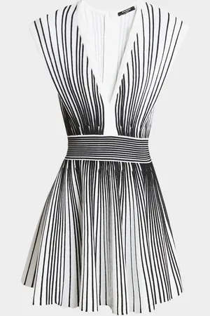 Balmain Plunging Flechage Knit Mini Flare Dress
