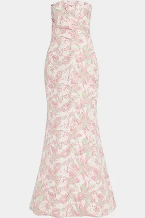 Badgley Mischka Strapless Pleated Metallic Jacquard Gown