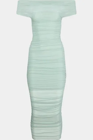 SER.O.YA Noel Off-Shoulder Ruched Mesh Midi Dress