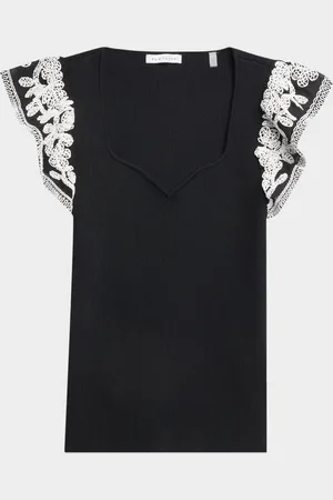 ELIE TAHARI The Emily Embroidered Flutter-Sleeve Sweater