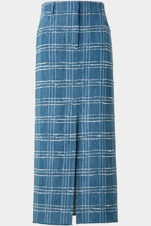 AKRIS Fringed Check Denim Midi Skirt