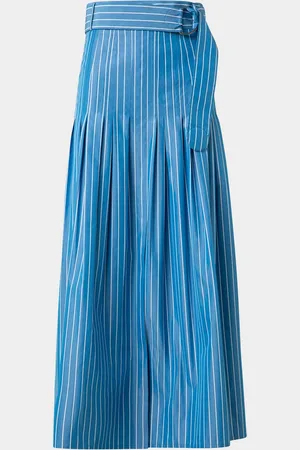 AKRIS Stripe Pleated Poplin Maxi Skirt with D-Ring Belt