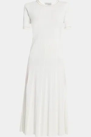 ELIE TAHARI The Robin Pleated Bead-Trim Midi Sweater Dress