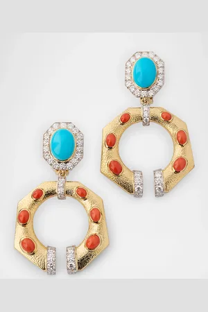 David Webb 18K Octagonal Gap Link Earrings with Diamonds, Coral and Turquoise