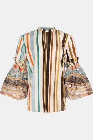 Silvia Tcherassi Nuru Striped Eyelet Puff-Sleeve Blouse