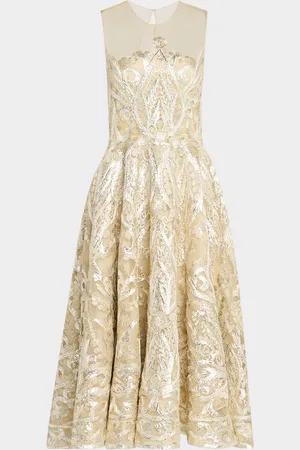 Naeem Khan Ribbon Embroidered Tea-Length Illusion Dress