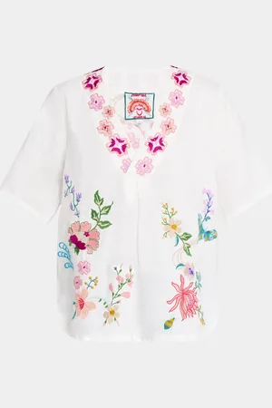 JOHNNY WAS Embroidered V-Neck Linen Blouse