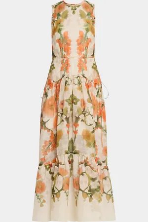 Marchesa Notte Tiered Floral-Print Ramie Maxi Dress