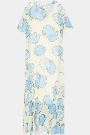AKRIS Carnation-Print Viscose Georgette Short-Sleeve Midi Dress