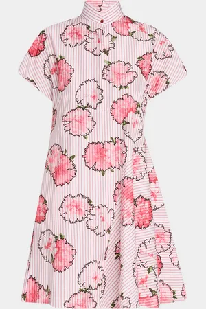 AKRIS Striped Carnation-Print Cotton Mini Shirtdress