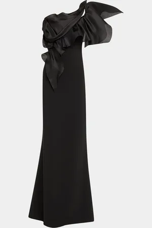 Marchesa Notte One-Shoulder Ruffle Stretch Crepe Gown