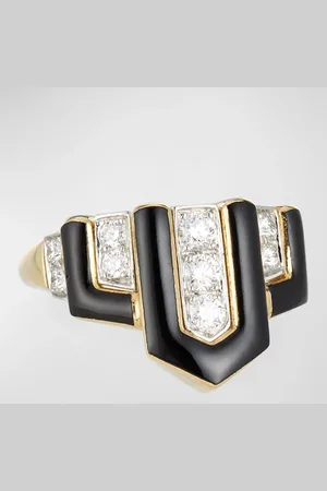 David Webb Geometric Black Enamel & Diamond Ring, Size 6.25