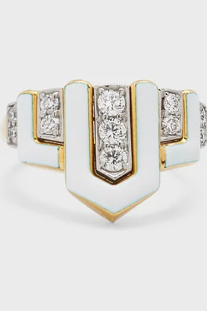David Webb Geometric White Enamel & Diamond Ring, Size 6.25