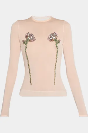 Simone Rocha Sheer Fitted Ballet Mesh Crystal Flowers Top