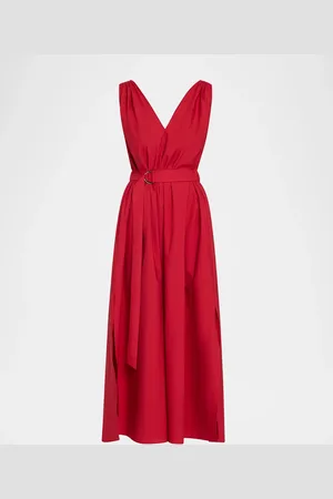 Brunello Cucinelli Monili-Shoulder Belted Crinkle Cotton Midi Dress