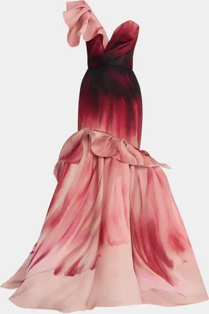 Marchesa Notte Hand-Painted Floral One-Shoulder Mermaid Gown