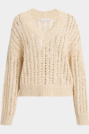 Brunello Cucinelli V-Neck Paillette Open-Weave Knit Sweater