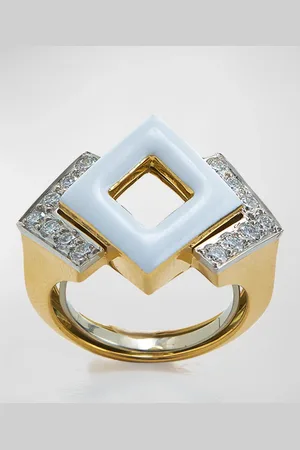 David Webb Double Diamond White Enamel Gold and Platinum Ring, Size 6.5