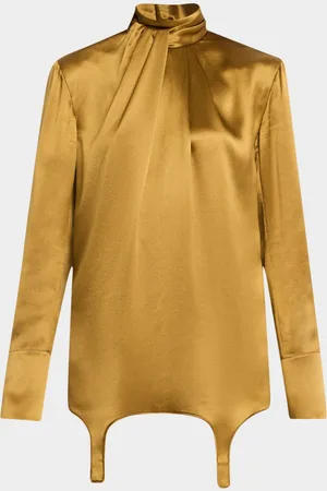 Saint Laurent Twisted Turtleneck Long-Sleeve Silk Blouse
