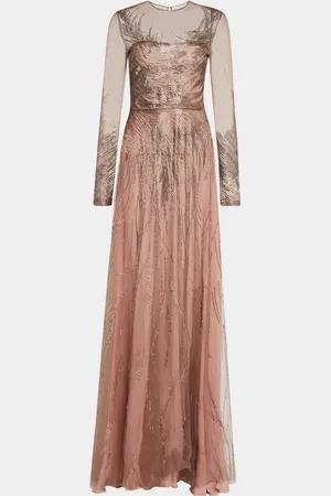 Naeem Khan Embellished Jewel-Neck Long-Sleeve Gown