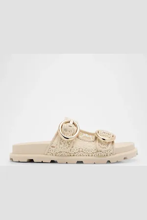 Stuart Weitzman Benni Lace Double-Buckle Slide Sandals