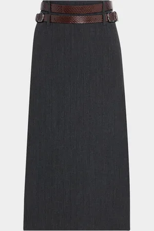 ST. JOHN Pinstripe Luxe Midi Suiting Skirt With Double Belt