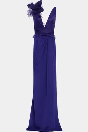 Marchesa Notte Draped Flower Ruffle Matte Crepe & Organza Gown
