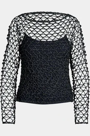 Ralph Lauren Boat-Neck Metallic Crochet Knit Sweater