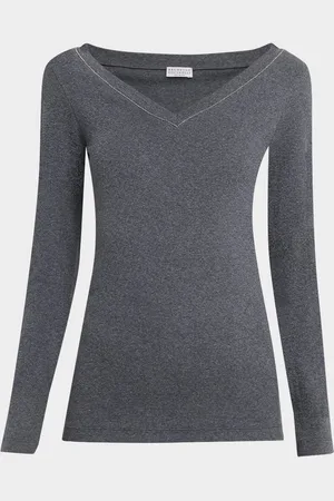 Brunello Cucinelli Monili V-Neck Long-Sleeve Cotton Rib Top