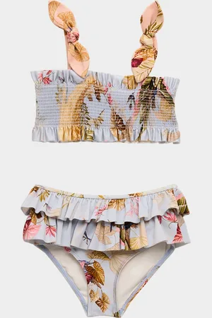 ZIMMERMANN Rhiannon Leaf-Print Smocked Bikini, Size 1-12