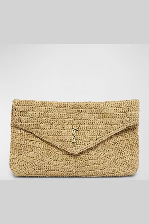 Saint Laurent Large YSL Envelope Pouch Clutch Bag in Raffia & Leather