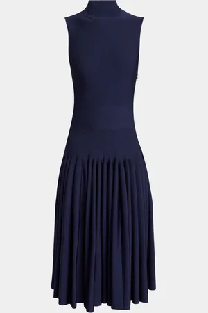 Alaïa High-Neck Pleated Knit Midi Dress