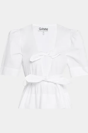 Ganni Stretch Cotton Tie-Front Blouse